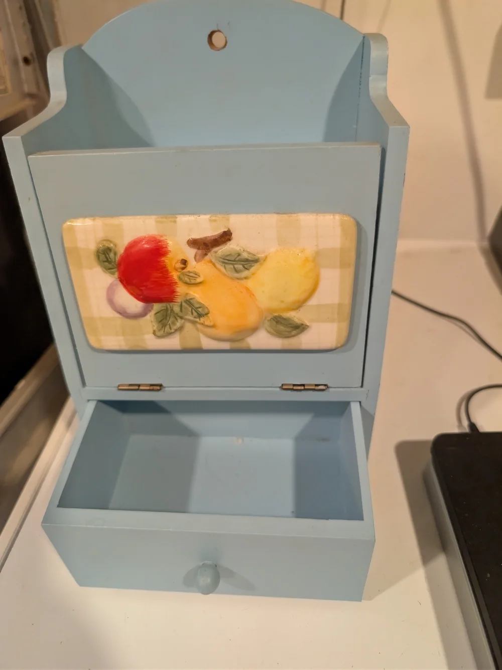 Blue Wooden Fruit Accent Wall Organizer with Drawer Vintage Cottage Core Mcm
